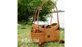 bali ethnic small tote handbag rattan grass with coco button handmade